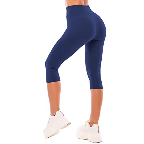 SINOPHANT High Waisted Leggings Women Yoga Pants, Capri Navy, L-XL