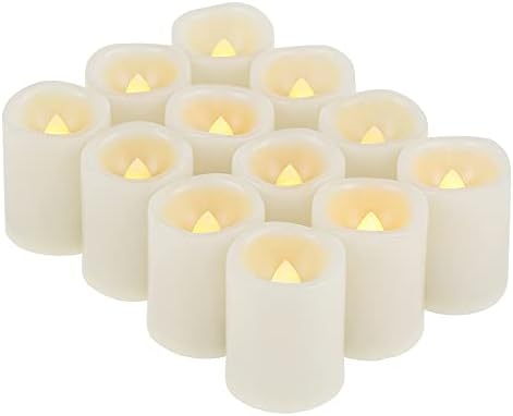 Flameless Votive Candles White Plastic Flickering LED Electric Fake Tea Lights Long Lasting Battery Operated Tealights for Wedding Birthday Party Halloween Christmas Outdoor Decorations 12 Pack