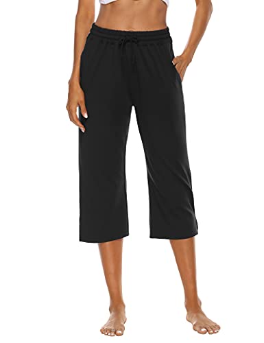 Oyanus Womens Capri Pants Wide Leg Loose Comfy Drawstring Lounge Pants Yoga Workout Capris With Pockets Black Xl #TOP1