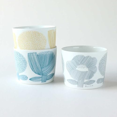 BIRDS' WORDS [美濃焼] カップ 3カラーセット [BIRDS' WORDS] DAY BY DAY CUP [FLOWERS] ブルー × イエロー × グレー