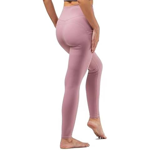 Everweekend Workout Leggings No Front Seam Yoga Leggings for Women with Pockets, Tummy Control Gym Yoga Tights Leggings (Full Length, L, Mulberry Purple) Cover