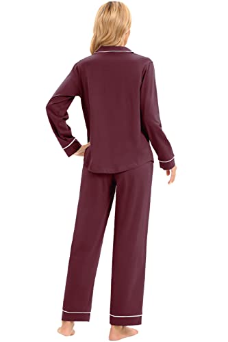 Image of LUBOT 100% Cotton Pajamas for Women PJ Set Soft Long Sleeve Button-Down Shirt 2 PC Set Warm Sleepwear Loungewear Night Suit (Burgundy, 2XL)