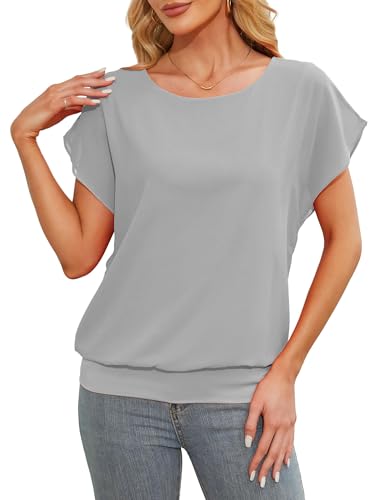 Anelune Damen Tops Sommer Locker Kurzarm Bluse Chiffon Elegante Leichte T-Shirts für Frauen Lässige Flowy Oberteile Grau L