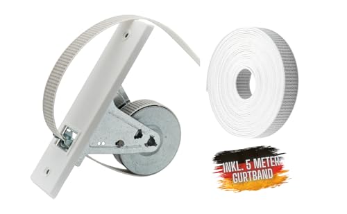 Rolladen Gurtwickler Aufwickler Einlass Gurtroller [MIT 5m GURTBAND] Gurt Rollo Wickler Unterputz mit Blende (Lochabstand 162 mm)