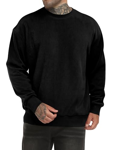 TUREFACE Men Fashion 2025 Long Sleeve Shirts Crewneck Loose Textured Tops Solid Pullover Sweatshirt Dark black Small
