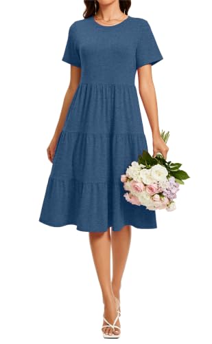 Image of Womens Summer Short Sleeve Crew Neck Midi Dress 2026 Casual Fit Flowy Tiered Beach Vacation Sundress with Pockets