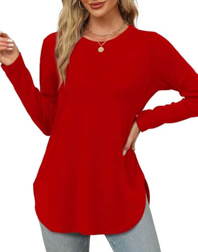 Image of XIEERDUO Womens Long Sleeve Round Neck Shirts Side Split Basic Loose Tunic Tops Casual 2026