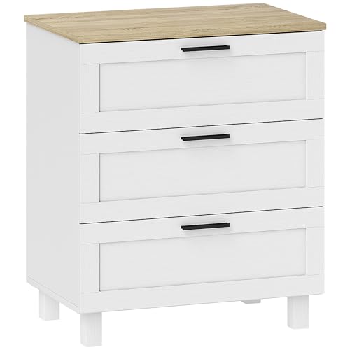 HOMCOM Commode 3 tiroirs Style Moderne avec Plateau Effet Bois et Pieds en Bois Massif Meuble de Rangement pour Chambre à Coucher Salon 60 x 38 x 71 cm Blanc