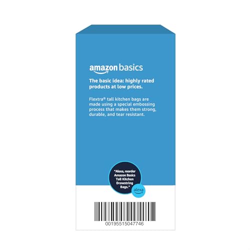 Image of Amazon Basics 13 Gallon Tall Kitchen Drawstring Trash Bags, Flextra Strength, Tear Resistant, 10% Post Consumer Recycled, 120 Count