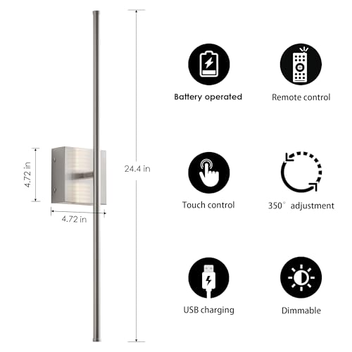 Image of KARTOOSH 24.4 Inch Wall Sconces Battery Operated for Living Room Nickel | Rechargeable Wireless Wall Lamp Set of 2, 3000K Warm White Dimmable Wall Light Remote Control Indoor Lighting for Bedroom
