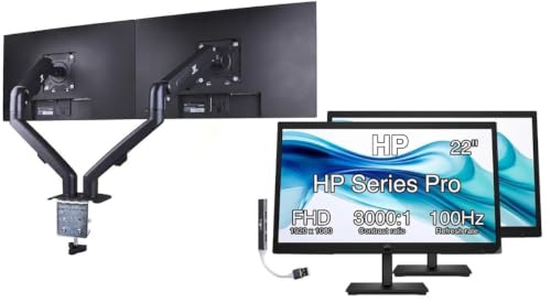 Image of HP Series 3 Pro 22 inch FHD VA Monitor Anti-Glare, Flicker Free, VESA Mount | 5ms Response Time, Brightness 250 nits, Tilt, HDMI, Black Color 2 Pack & ErgoFlexy Dual Monitor Mount