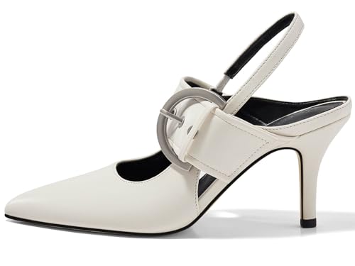 Image of Coutgo Womens Slingback Pumps Closed Pointed Toe High Heels Belt Buckle Strap Dressy Work Shoes