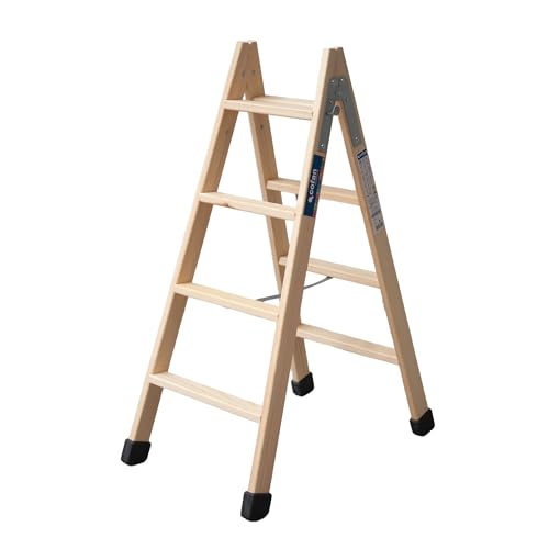 Cofan Escalera Doble de Madera | con 4 + 4 Peldaños - 1 m Altura - Cintas Especiales Antiapertura | Segura y Resistente | Cumple Normativa EU EN 131
