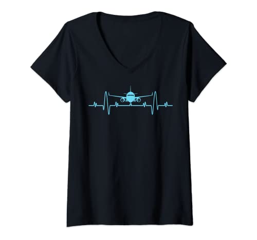 Mujer Airplane Pilot Heartbeat Camisa - Flying Gifts Funny Airplane Camiseta Cuello V