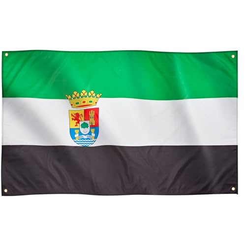 Runesol Bandera de Extremadura, 91x152cm, 3ft x 5ft, Bandera Extremeña, 4 Ojales, Extremadura Región Española, Ojal en las Esquinas, Banderas Premium, Interior, Exterior, Día de la Constitución