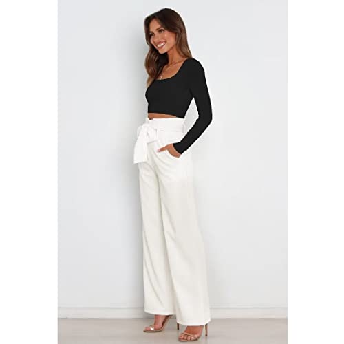 Dress Pants Women,Wide Leg Pants for Women,Smocked Waist Pants with Belt,Loose Straight Leg Flatting Pants4