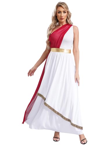 Nyeemya Römische Göttin Antike Karneval Kostüm Damen Griechisches Toga Kostüm Toga Kleid Ärmellos Antike Römische Kriegerin Outfit Burgundy M