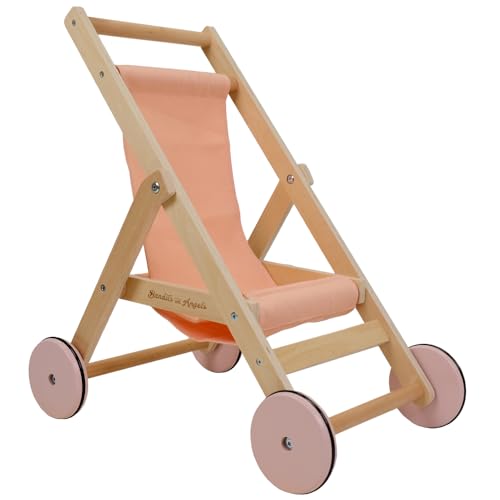 Bandits & Angels Puppenbuggy Lovely Salmon aus Holz – ab 2 Jahren – Puppenwagen aus Holz – für Puppen bis 50 cm – Puppenwagen Lachsrosa – Puppenbuggy