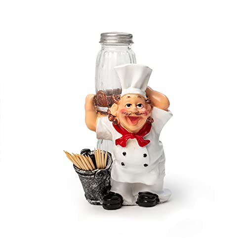 EZ Life Fat Food Chef - Salero y pimentero con palillos de dientes - Juego de condimentos - Mesa de comedor chic - Cubo plateado - Resina - Blanco - Decoración de comedor - Restaurante Panadería