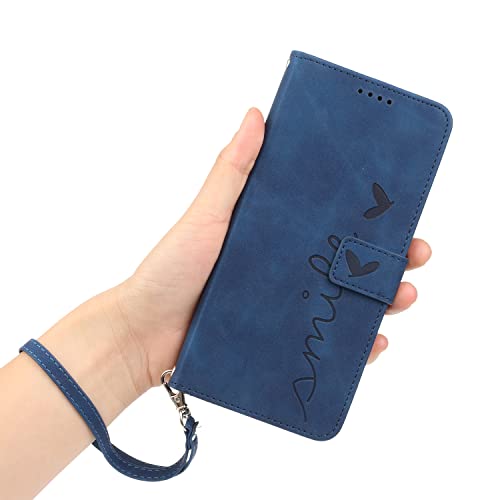 Étui portefeuille en cuir avec support pour cartes et dragonne, compatible avec Samsung Galaxy A52 4G/5G/A52S 5G Motif cœur en relief Bleu Cover
