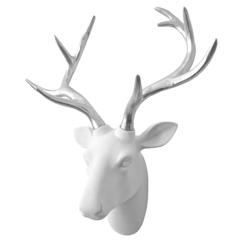 SAC SMARTEN ARTS Animal Head Wall Decor, White Fake Furry/Felt/Velvety Resin Deer Head with Silver Antlers for Wall Decoration, Size 16" x 12" x 7.5" Cover