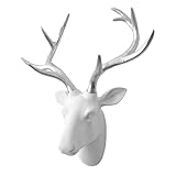 SAC SMARTEN ARTS Animal Head Wall Decor, White Fake Furry/Felt/Velvety Resin Deer Head With Silver Antlers For Wall Decoration, Size 16' x 12' x 7.5'