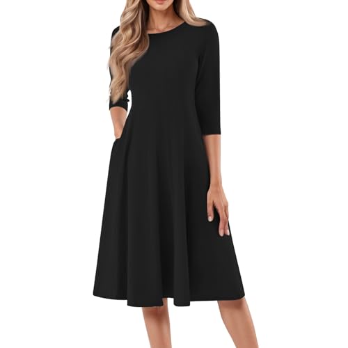 Sommerkleid Damen Elegant Knielang Abendkleider Damen 3/4 Arm Rundhals Midikleider Einfarbig Freizeitkleid A Linie Tunika-Kleid Schwarz L