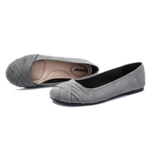 Veittes Women's Wide Width Flat Shoes, Casual Ladies Comfortable Round Toe Elegant Slip on Ballet Flats.(2109002-4,GR/MF,6.5 Wide)2