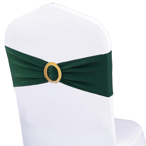 WENSINL Pack of 50 Spandex Hunter Green Chair Sashes with Gold Buckles, Stretch Chairs Sashes for Wedding Party Baby Shower Decor Chair Bands Bows (Hunter Green Sashes, Gold Buckles)