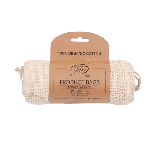 Eco Basics Produce Bags - Reusable, Certified Organic Cotton, Washable, Compostable, See-Through Mesh Design, Holds Up to 2kg, 5-Pack in Various Sizes for Sustainable Grocery Shopping