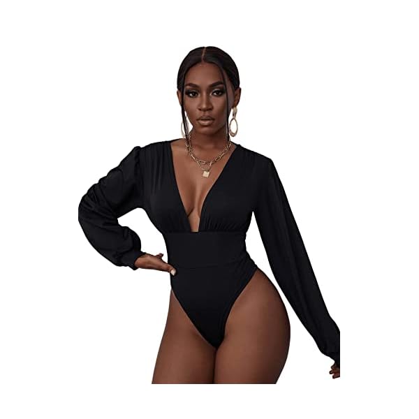 QUECY® Women's Long Sleeve Plunging Neck Bodysuit High Waist Ruched Jumpsuit