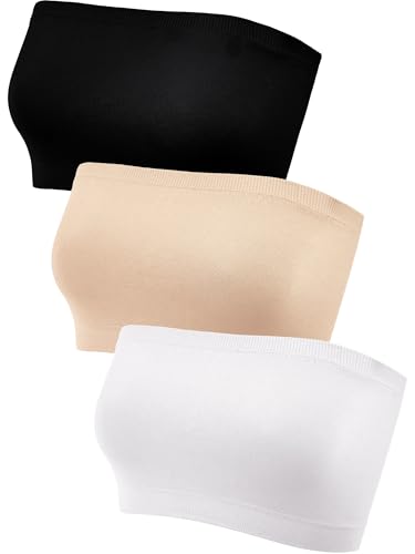 HESTYA Women's Strapless Bralette Bra Seamless Bandeau Soft Stretchy Non-Padded Bandeau Tube Top Sport Bra, 3 Pieces (Small-Medium,Black, White, Skin Tone)