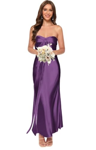 Stylefun Women's Satin A Line Bridesmaid Dresses with Ribbons Long Strapeless Formal Cocktail Party Dress CYM354