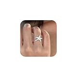 Starfish Statement Ring For Women Stainless Steel Seashell Rings Opening Adjustable Gold Silver Starfish Ring Irregular Beach Rings Summer Beachy Ocean Jewelry Gift (Bright Silver Starfish Ring)