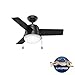Hunter 36 inch Small Indoor Ceiling Fan with LED Light and Pull Chain - Modern Ceiling Fan, Standard Mount, 3 Blades, For Bedroom, Home Office, or Laundry Room, Quiet - Aker 59302, Matte Black