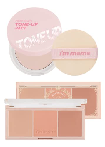 I'm Meme Compact - Tone-Up Pact | Pink Blur Effect, Mattify Skin, Pressed Powder, 0.35 Oz + I'm Meme Palette - Afternoon Tea Blusher | 3 Shades, Long Lasting, For All Skin Tones, Milk Tea Time, 0.42 #TOP24