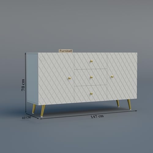 Image of Wooden Sideboard Cabinet for Living Room & Bedroom | Geometric Design Side Board Crockery Cabinet with 2 Doors & 3 Drawers Storage for Home & Entryway| HDMR Premium Wood | Golden Metal Legs (White)