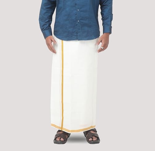 Image of Adjustable Velcro with Pocket Cotton Dhoti with Gold Jari Border, For Men (28 to 44 inches)