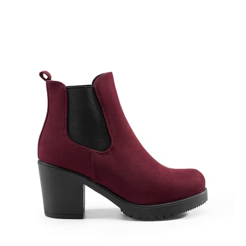 DREAM PAIRS Women's High Chunky Heel Chelsea Ankle Boots Slip On Elastic Fall Heeled Booties Shoes,Size 8,Burgundy,FRE