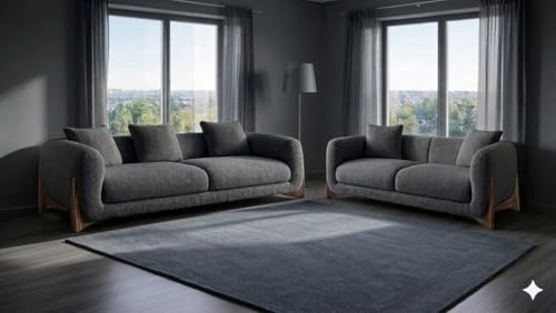 Image of Modern Sofa Chesterfield Design with Stylish Wooden Legs Boucle Fabric Dark Gray Finish Sofa for Living Room, Bedroom, Hallways (3+2 Seater)