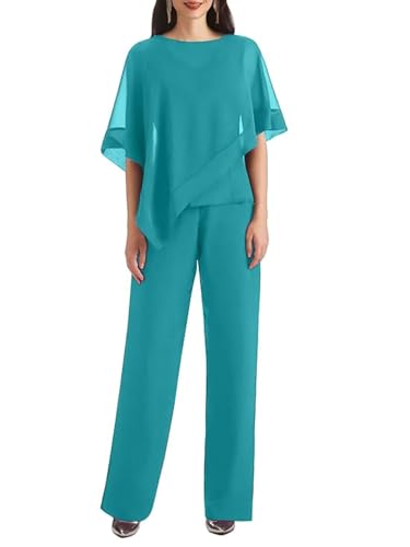 3 Pieces Mother of The Bride Pant Suits V Neck Chiffon Long Wedding Guest Dress for Women with Jacket