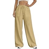 Lmdudan Womens Palazzo Pants Casual Drawstring Flowy Pants Wide Leg Summer Beach Cotton Linen Trousers with Pockets Khaki
