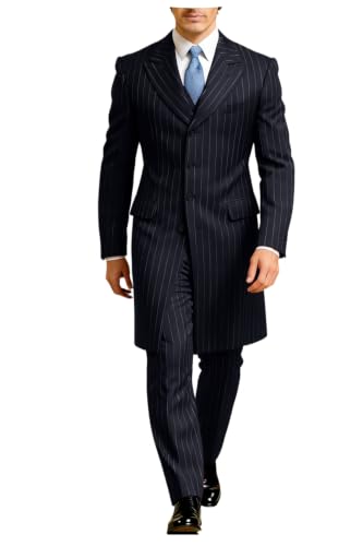 Mens Pin Stripe 3 Pieces Performance Party Long Blazer Vest Pants Suit Set