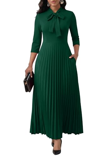 Image of FANDEE Maxi Dress for Women Formal 3 /4 Sleeve Pleated Empire Long Dress Semi Formal Tie Neck Office Work Dresses