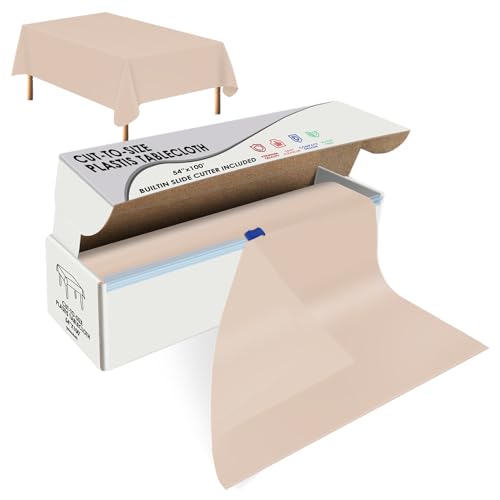 Image of tujol Beige Disposable Plastic Table Cloth Roll 54 inch X 100', Plastic Table Cover with Cutter Box, Cut to Size Disposable Tablecloth for Parties