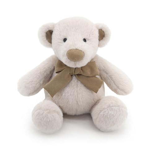 8” White Teddy Bear Plush with Taupe Bow