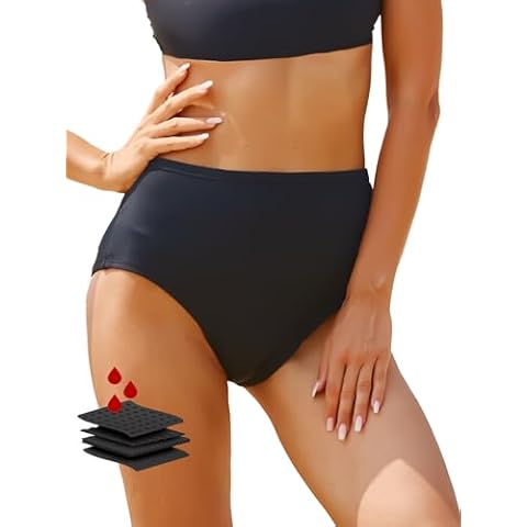 feitycom Period Swimwear-Menstrual Swimsuit Bikini Bottoms-High Waisted Leakproof Swim Bottoms for Teens Girls and Women. Black Cover