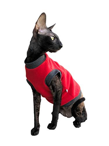 Cat Clothes Pullover Outfit Red Fleece Sphynx Kitten Warm Hairless (M)