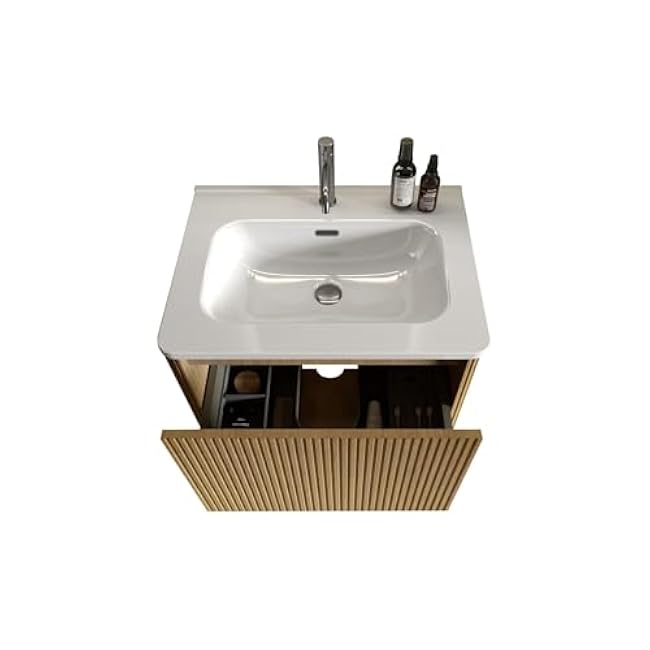24 Pre - Assembled Wall - Mounted Floating Bathroom Vanity in Striped Natural Oak with White Ceramic Sink