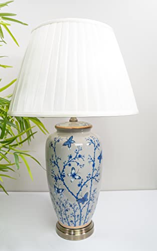 DOWNTON INTERIORS Large Grey Chinese Oriental Ceramic Table Lamp Blue Butterfly Floral Pattern Overall Height 69cm G2109 (Cream Pleated Shade)